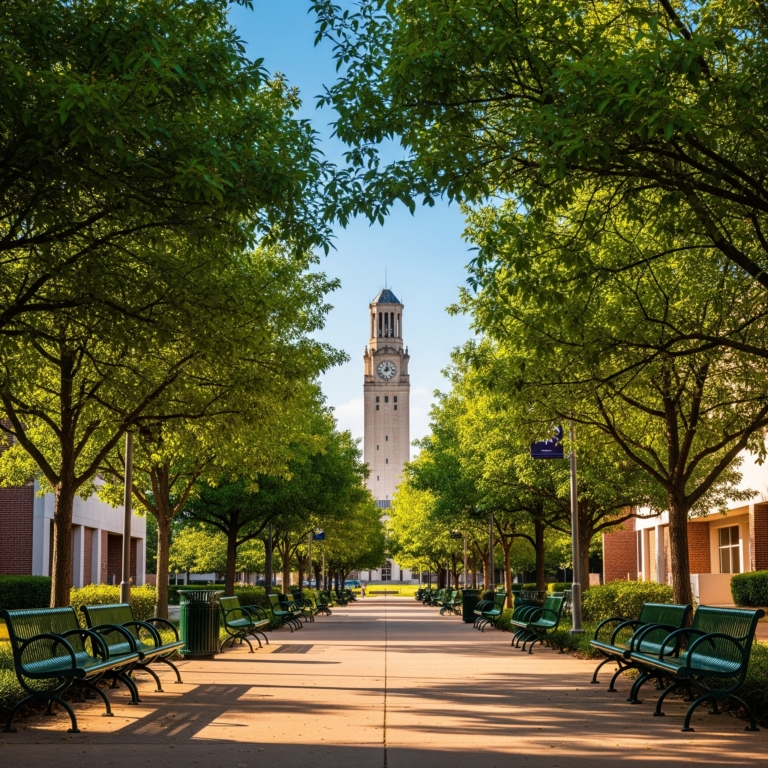 Tree-lined downtown sidewalk with benches in Denton, Texas