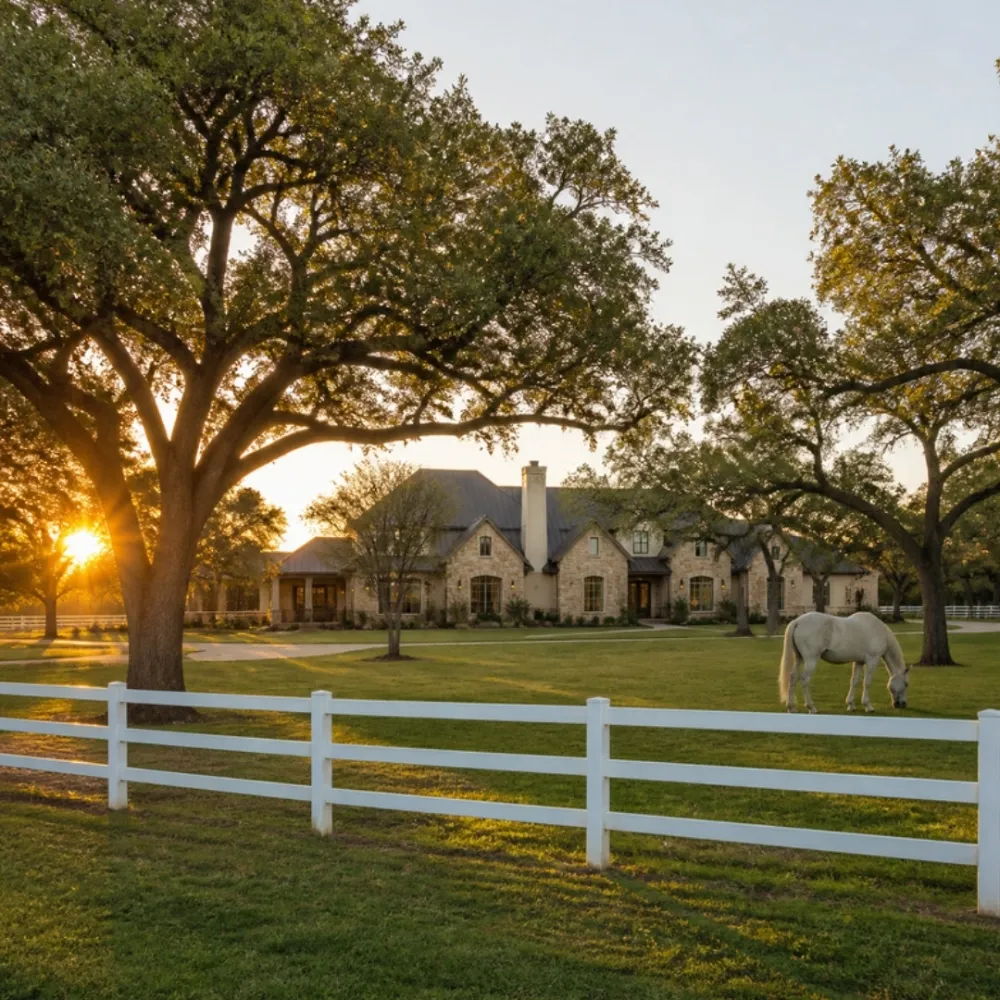 Custom home with a white horse fence and pasture in Argyle, Texas