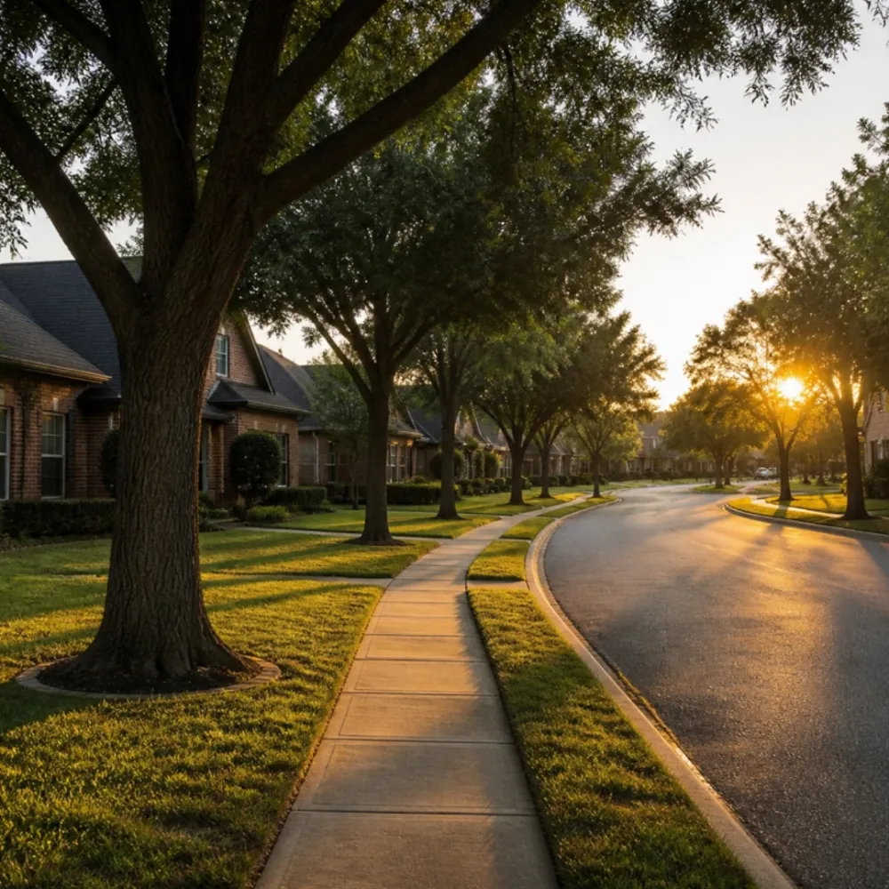 Tree-lined street of brick homes at sunset in Corinth, Texas