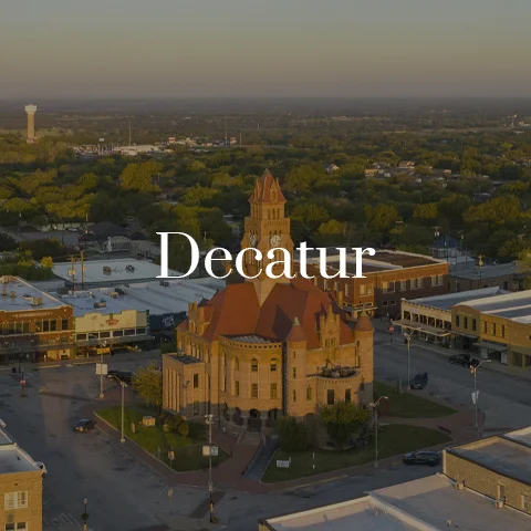Aerial view of the Wise County Courthouse in Decatur, Texas
