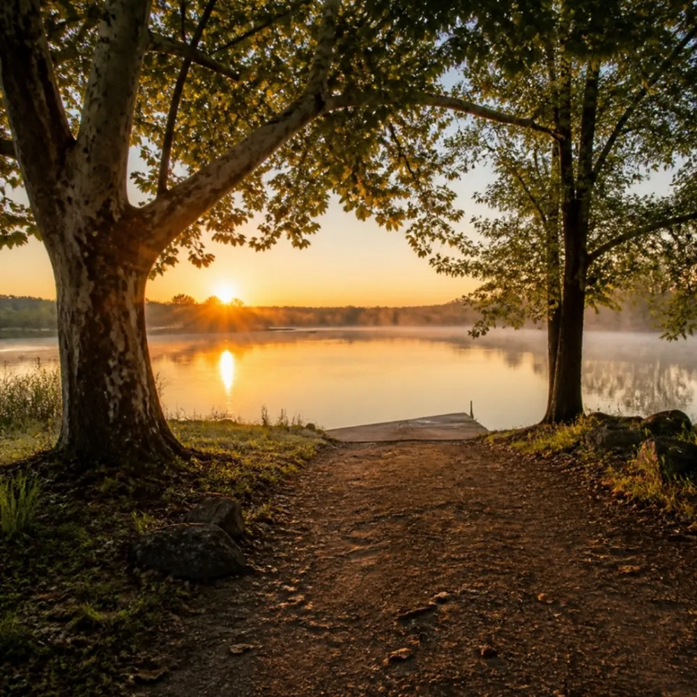 Wooded lakeside trail at sunrise on Lewisville Lake in Hickory Creek, Texas