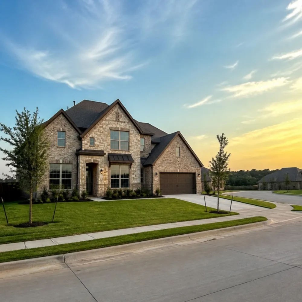 New brick and stone home on a quiet street in Justin, Texas