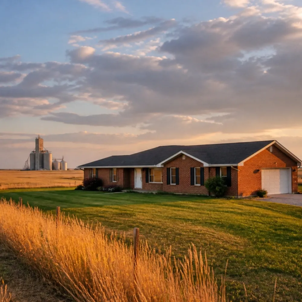 Brick ranch home beside wheat fields and a grain elevator near Krum, Texas