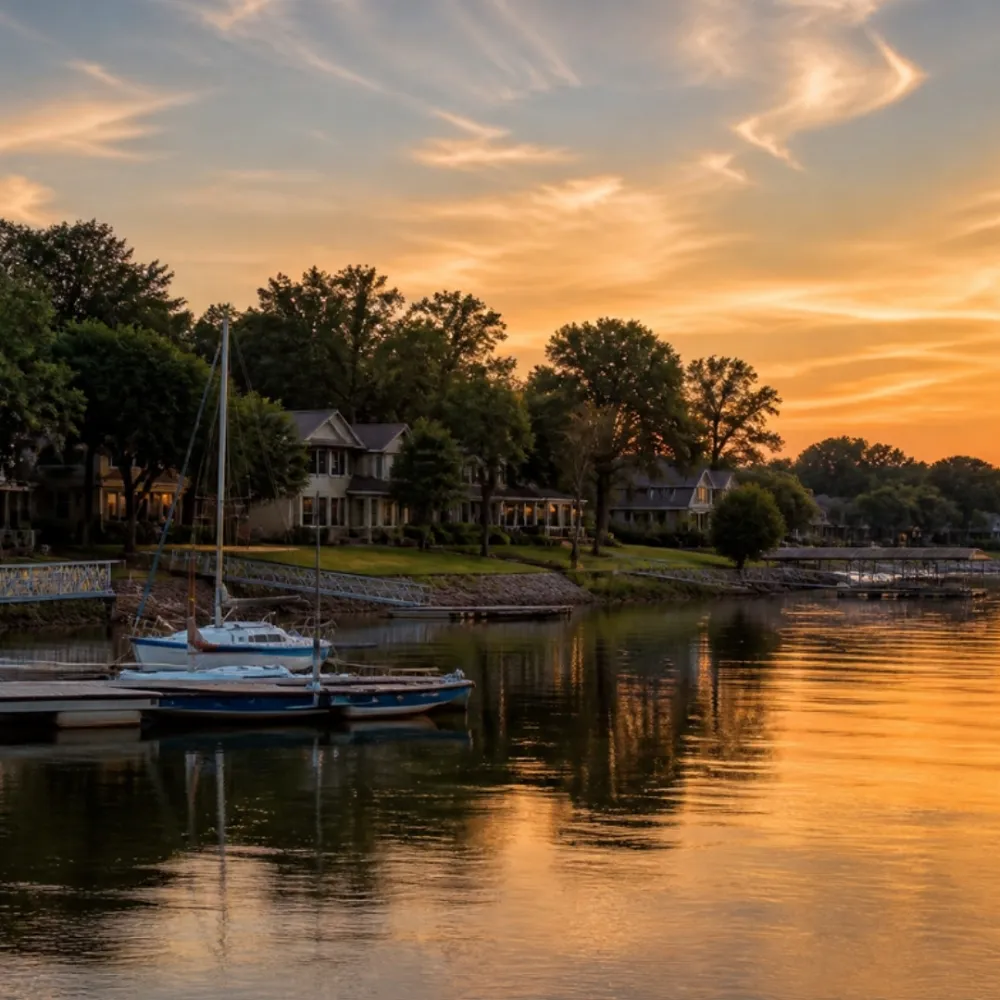 Sailboats and lakeside homes at sunset on Lewisville Lake in Lake Dallas, Texas