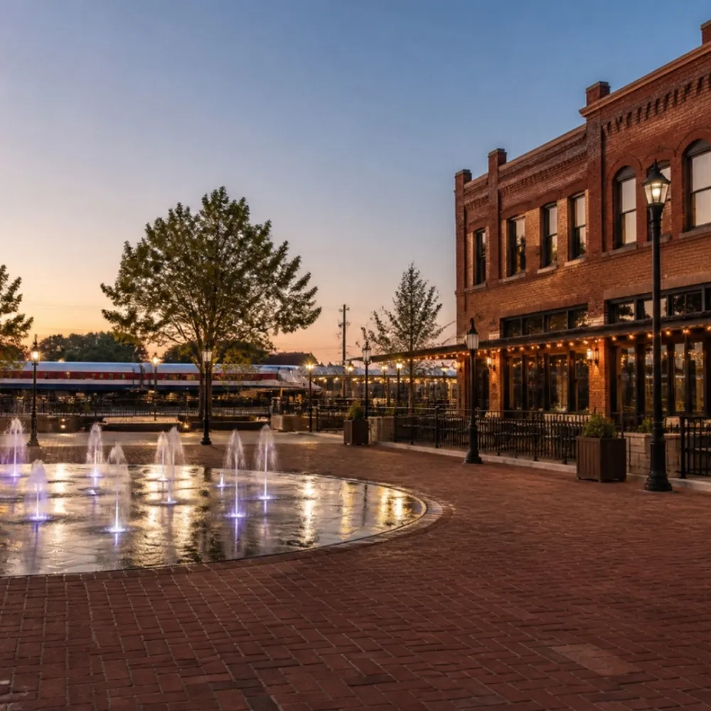 Brick plaza with a fountain and restaurants at dusk in Old Town Lewisville, Texas