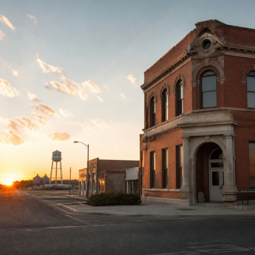 Historic brick bank building on a small-town main street in Ponder, Texas