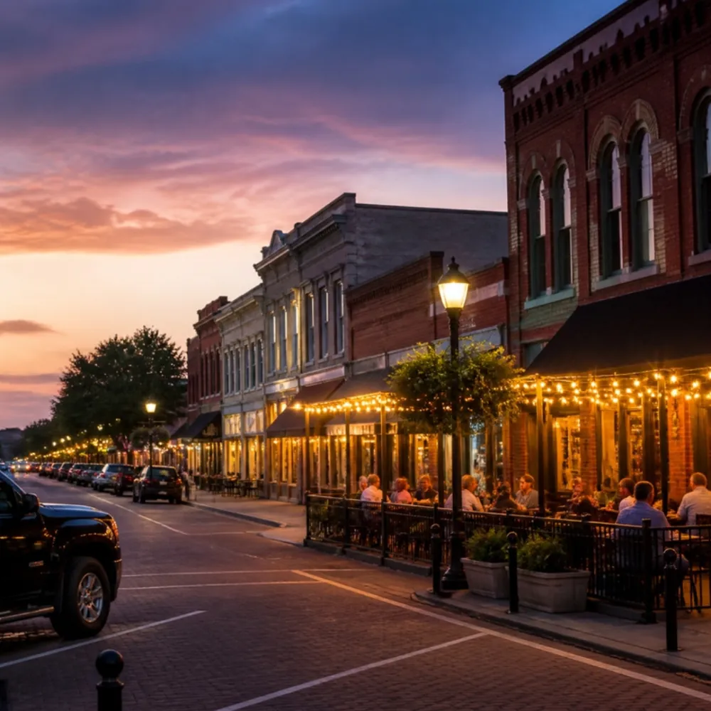 Historic downtown restaurant row at dusk in Roanoke, Texas